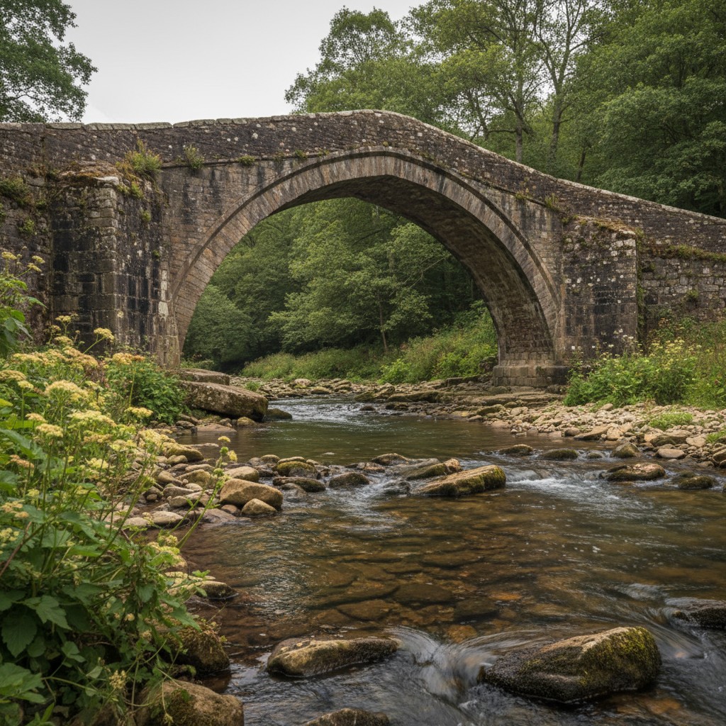 An old stone bridge over a shallow river with small cascades, surrounded by green trees and large rocks along the water's ...
