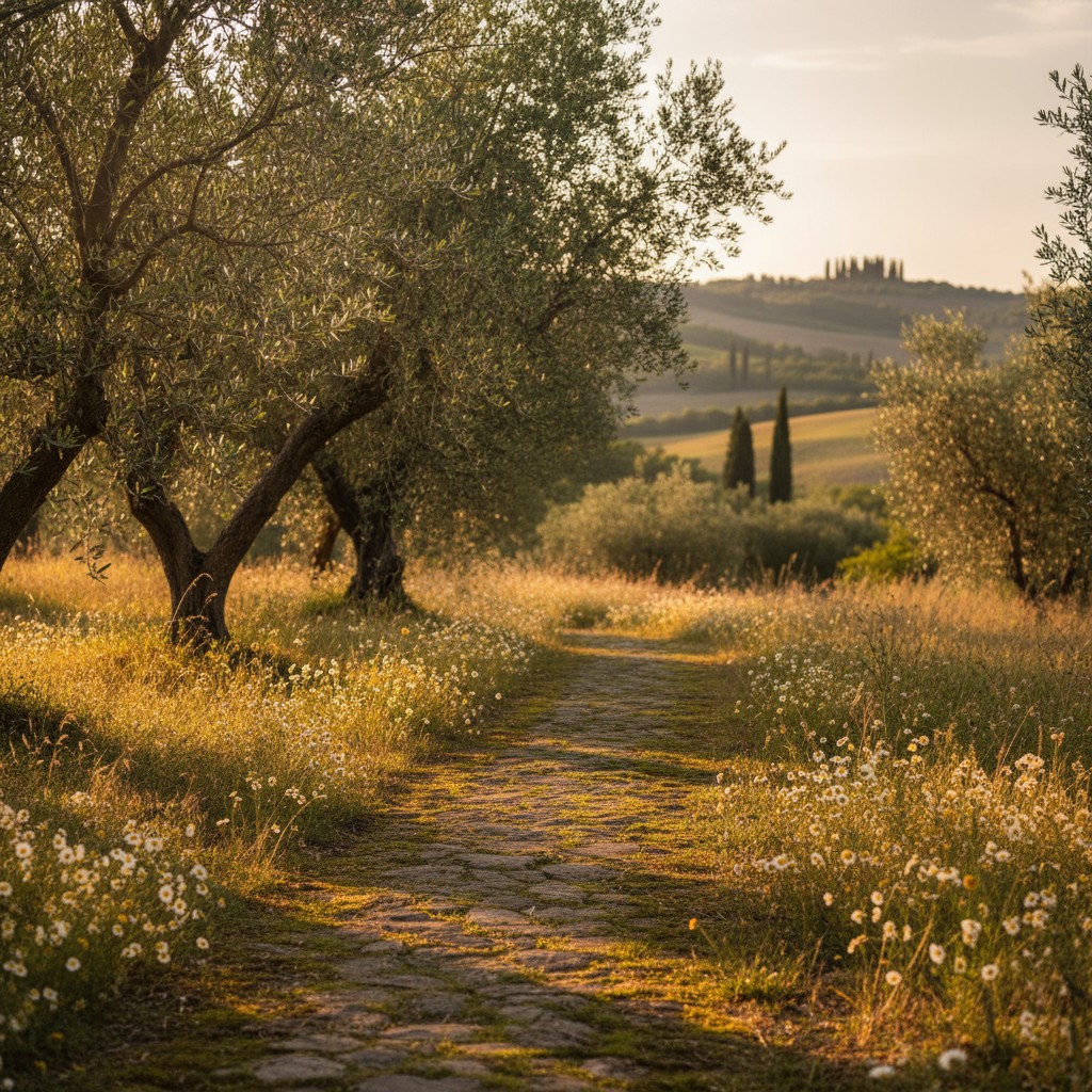 A serene landscape featuring a stone pathway lead towards the horizon on a cloudy day.