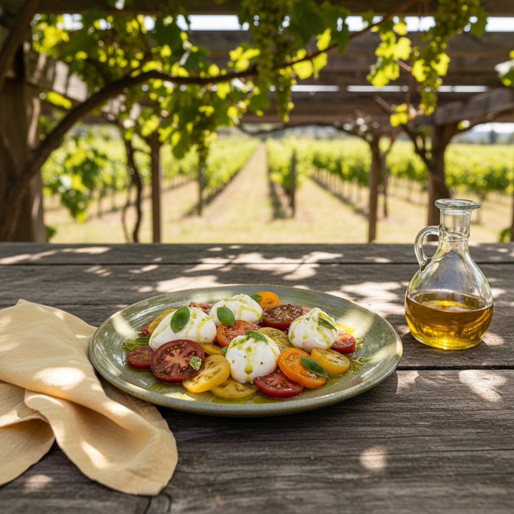 A table with a plate of Caprese salad and a glass jug of olive oil on a wooden table in front of a vineyard.