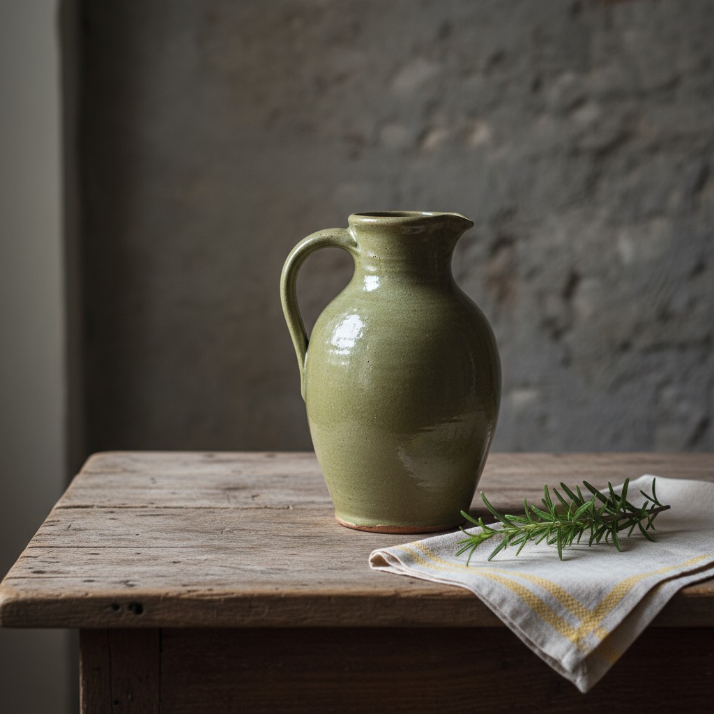 Light green ceramic jug on a rustic wooden table with a crisp white and yellow towel, surrounded by a dark gray wall.